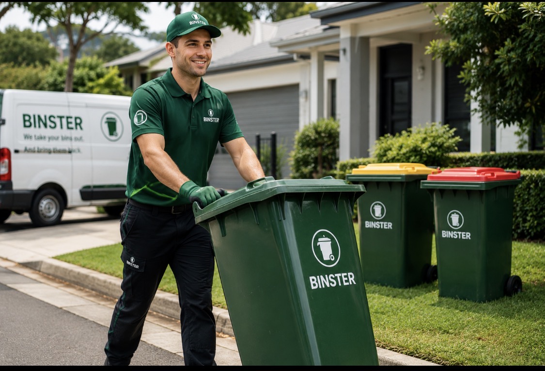 Binster worker wheeling a branded green bin on a Brisbane street