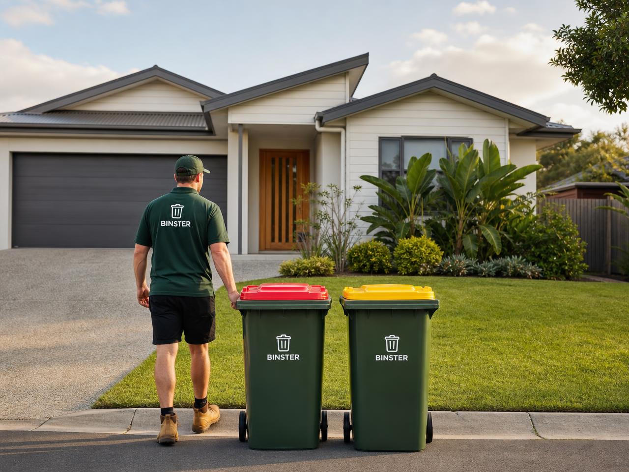 A Binster crew member wheeling branded green bins to the kerb outside an Australian home